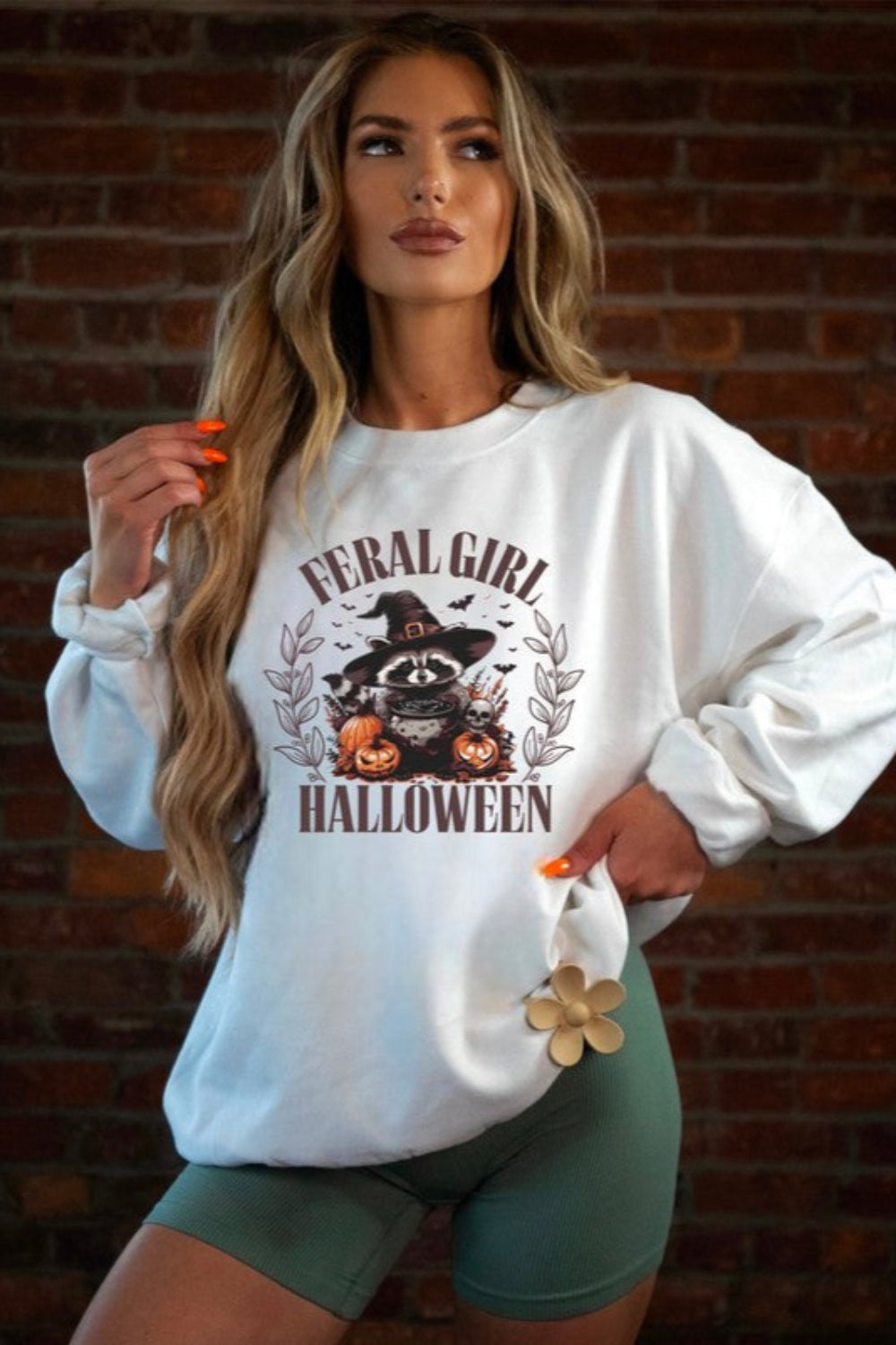 Graphic Halloween sweatshirt, pullover, drop shoulder, long sleeve, crew neck, oversized, slightly stretchy, front view