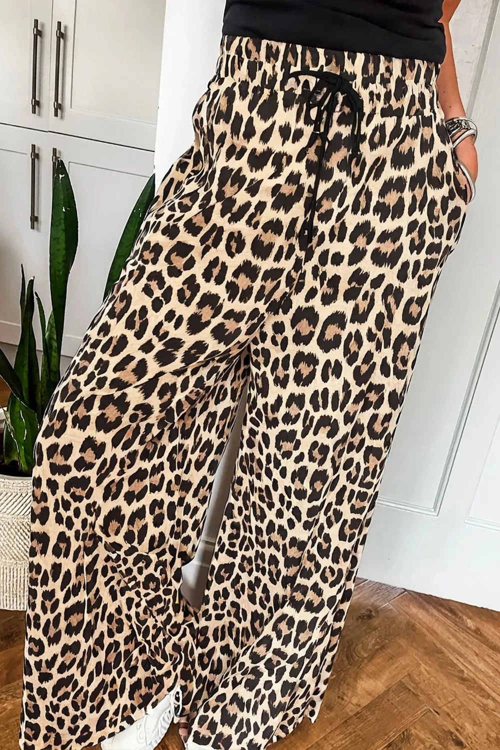 Pants, leopard print, high waist, elastic waistband, drawstring, pocketed, wide leg no stretch front view