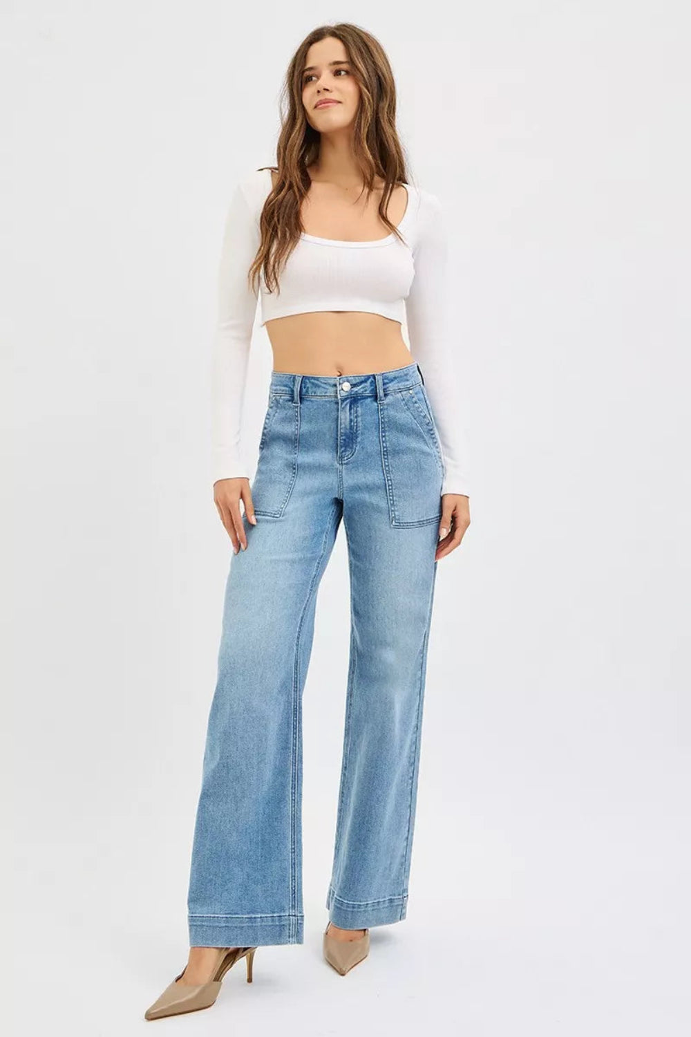 Risen Jeans, full-size, high-rise, straight let, light wash, front patch pockets, back pockets, long hem, button/zipper closure, belt loops, hammer loops on side, slightly stretchy, front view
