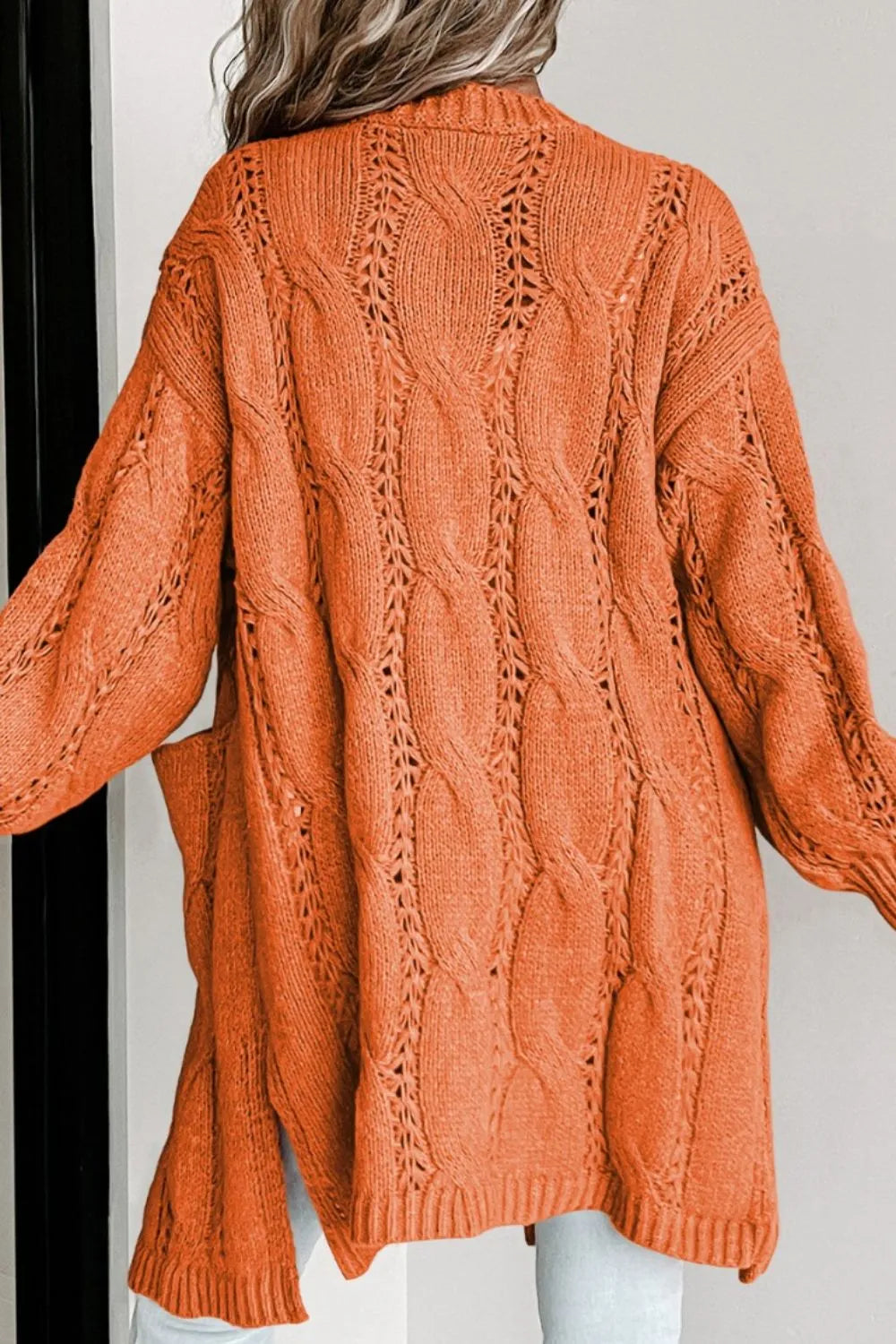 Cardigan, long sleeve, drop shoulder, open front, cable-knit, side slit, openwork, no buttons, pocketed, stretchy back view

