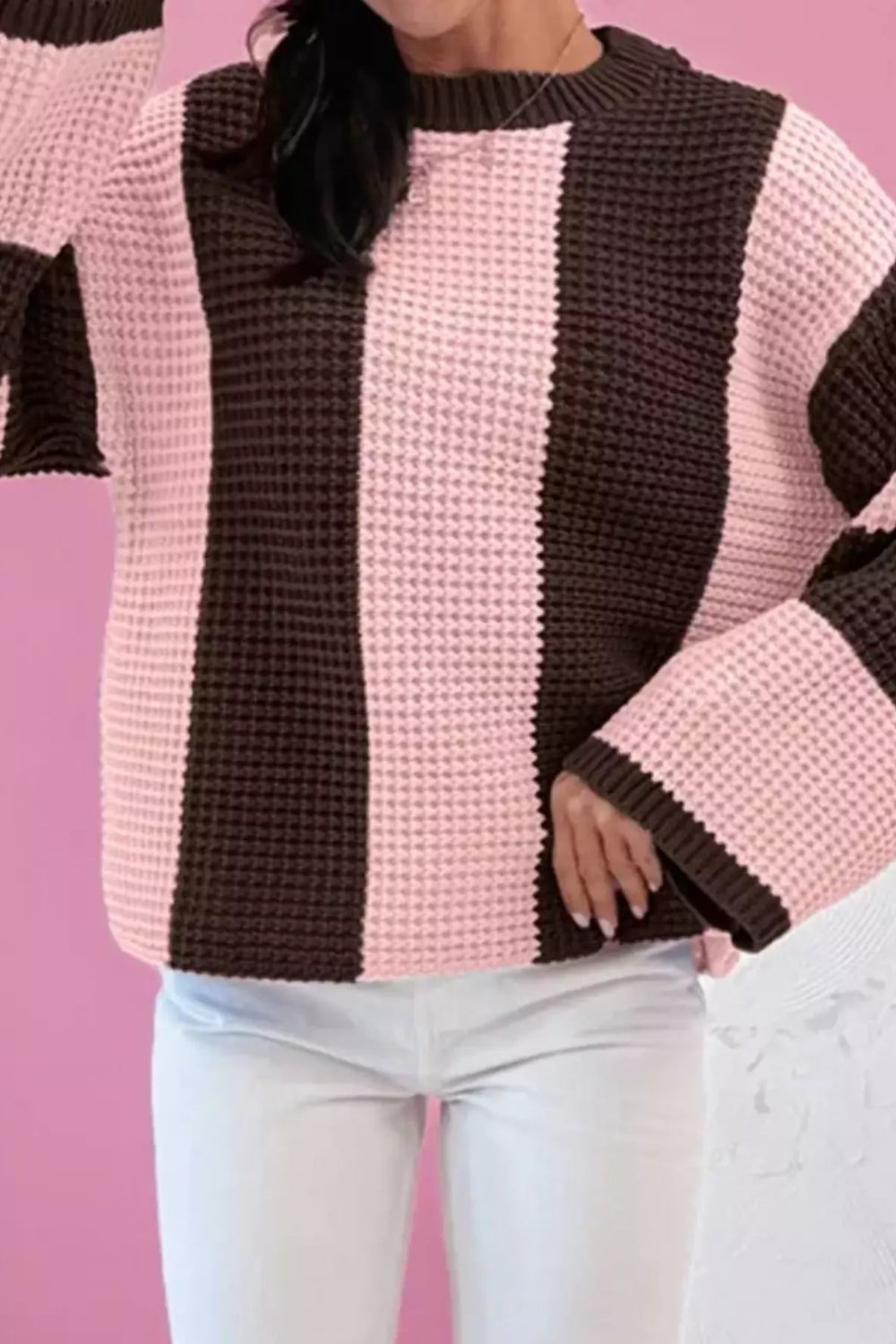 sweater, long sleeve, round neck, drop shoulder, waffle knit, striped, oversized, stretchy, front view close up