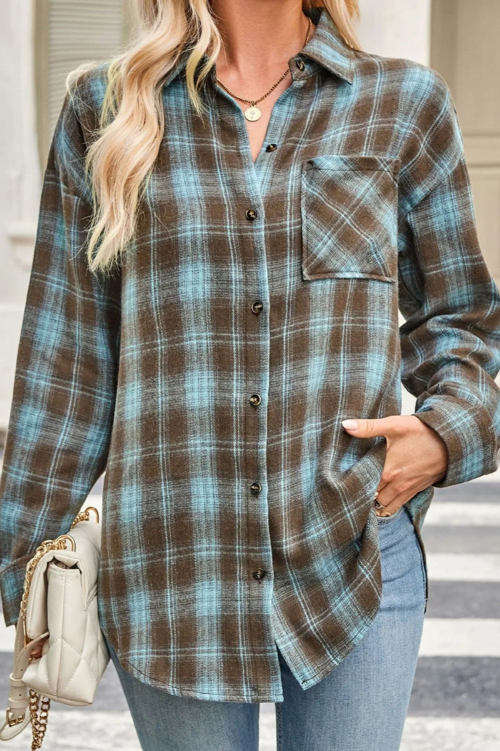 Shirt, long sleeve, collared, plaid print, buttoned, pocketed, oversized, no stretch, front view