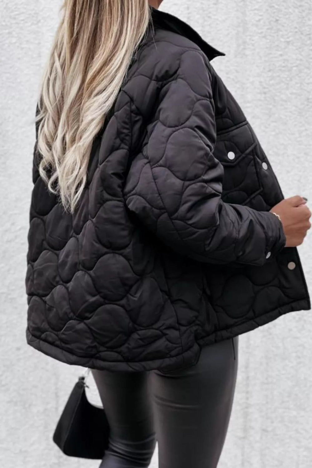 Jacket, quilted, snap-down, pocketed, collared, lined, long sleeve, snap cuffs, no stretch, back view