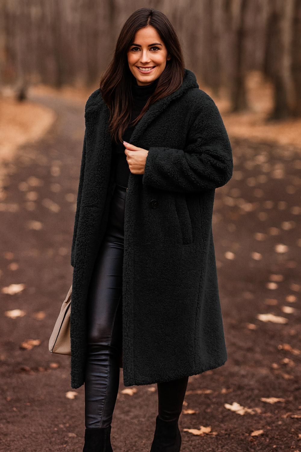 coat, longline, lined, hooded, buttoned, pocketed, thick, oversized, slightly stretchy, front view