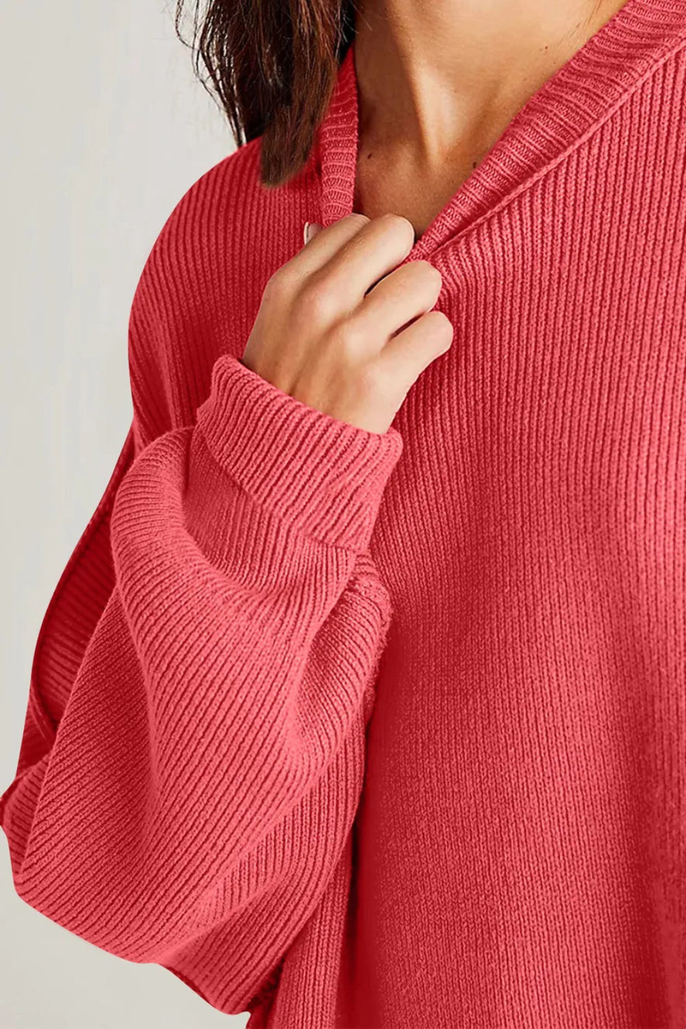 Sweater, oversized, drop shoulder, round neck, exposed seam, long, side slit, ribbed, stretchy front view
