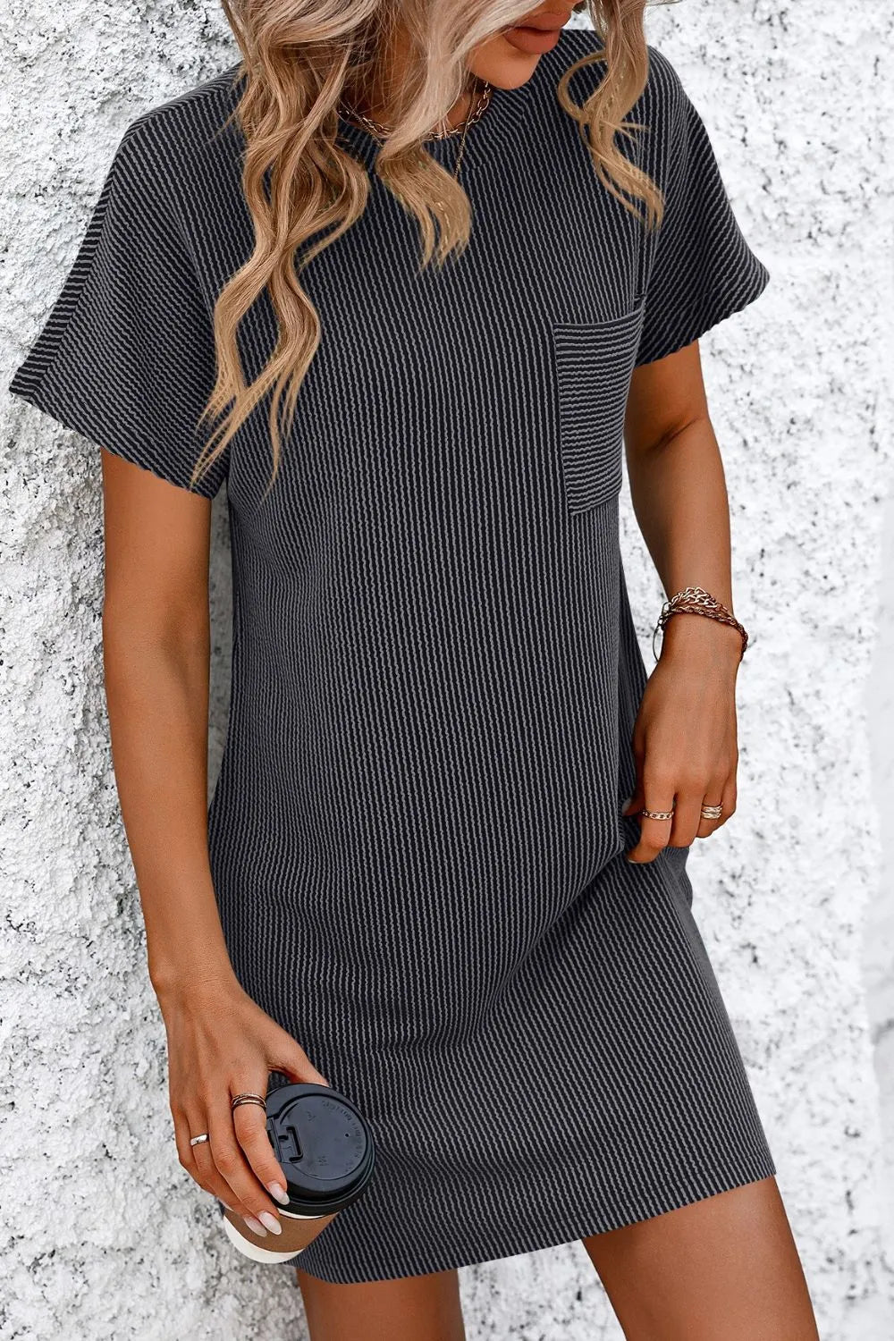 T-shirt dress, mini, round neck, short sleeve, ribbed, front pocket, opaque, unlined, moderate stretch front view