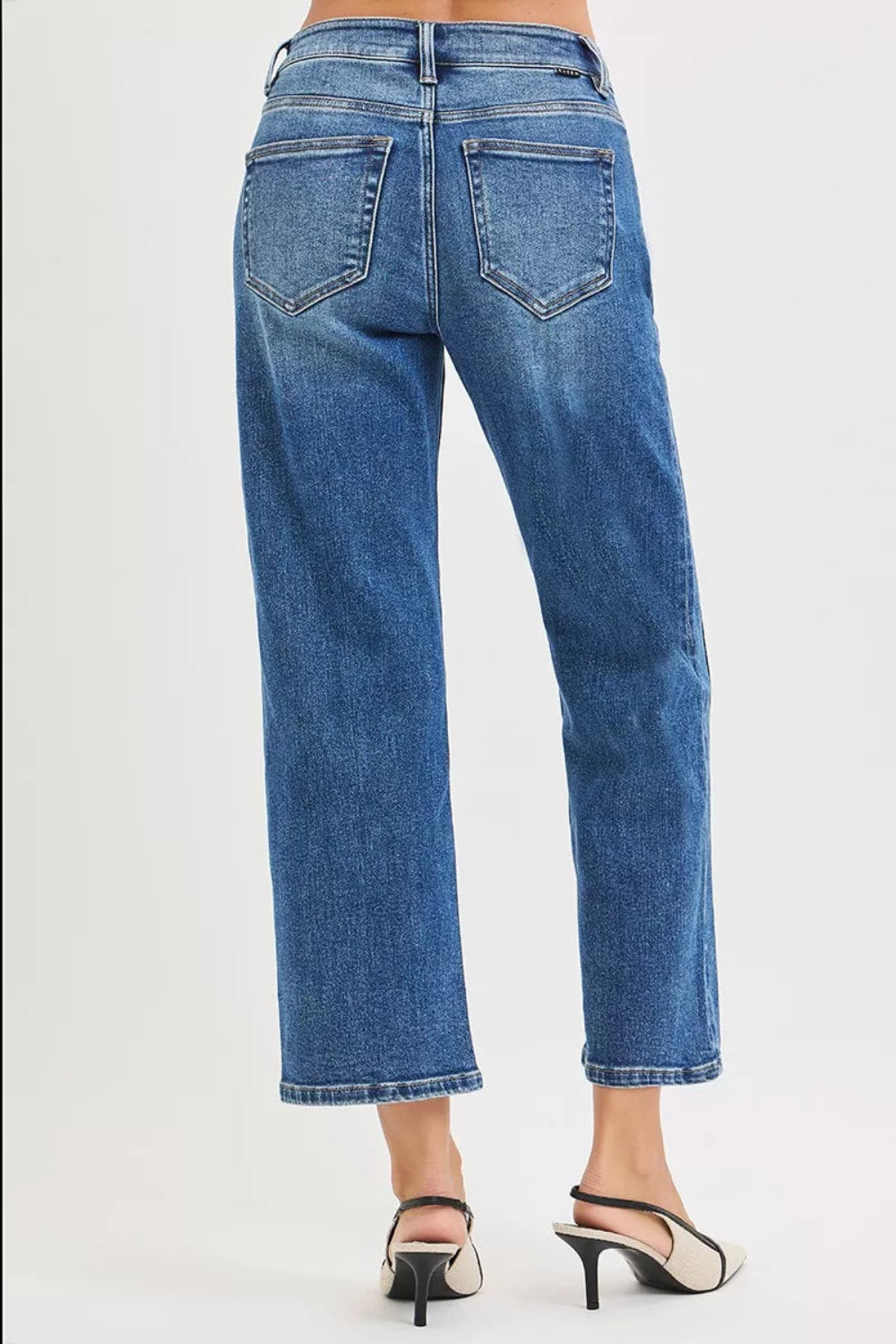 Risen Jeans, high-rise, cropped, straight leg, front seams, belt loops, pocketed, button/zipper closure, dark wash, slightly stretchy, back view