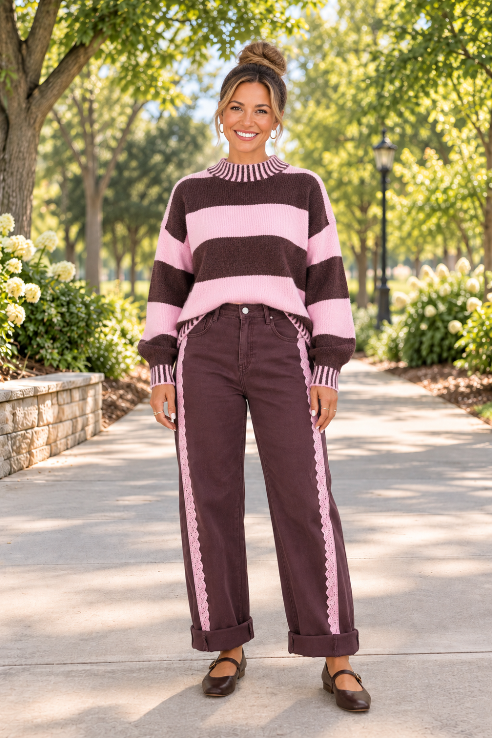 * Jeans
* High-waist
* Button/zipper closure
* Belt loops
* Pocketed
* Lace contrast trim
* Straight leg
* Slightly stretchy