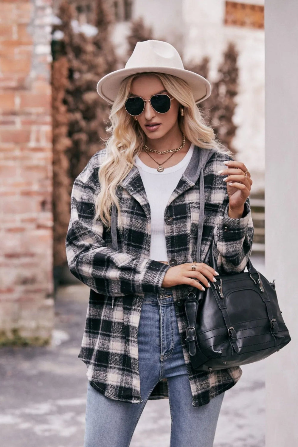 Plaid shacket, hoodie, drawstring, long sleeve, drop shoulder, buttoned, front patch pocket, pleated and buttoned cuffs, rounded hem, unlined, lightweight, no stretch, front view