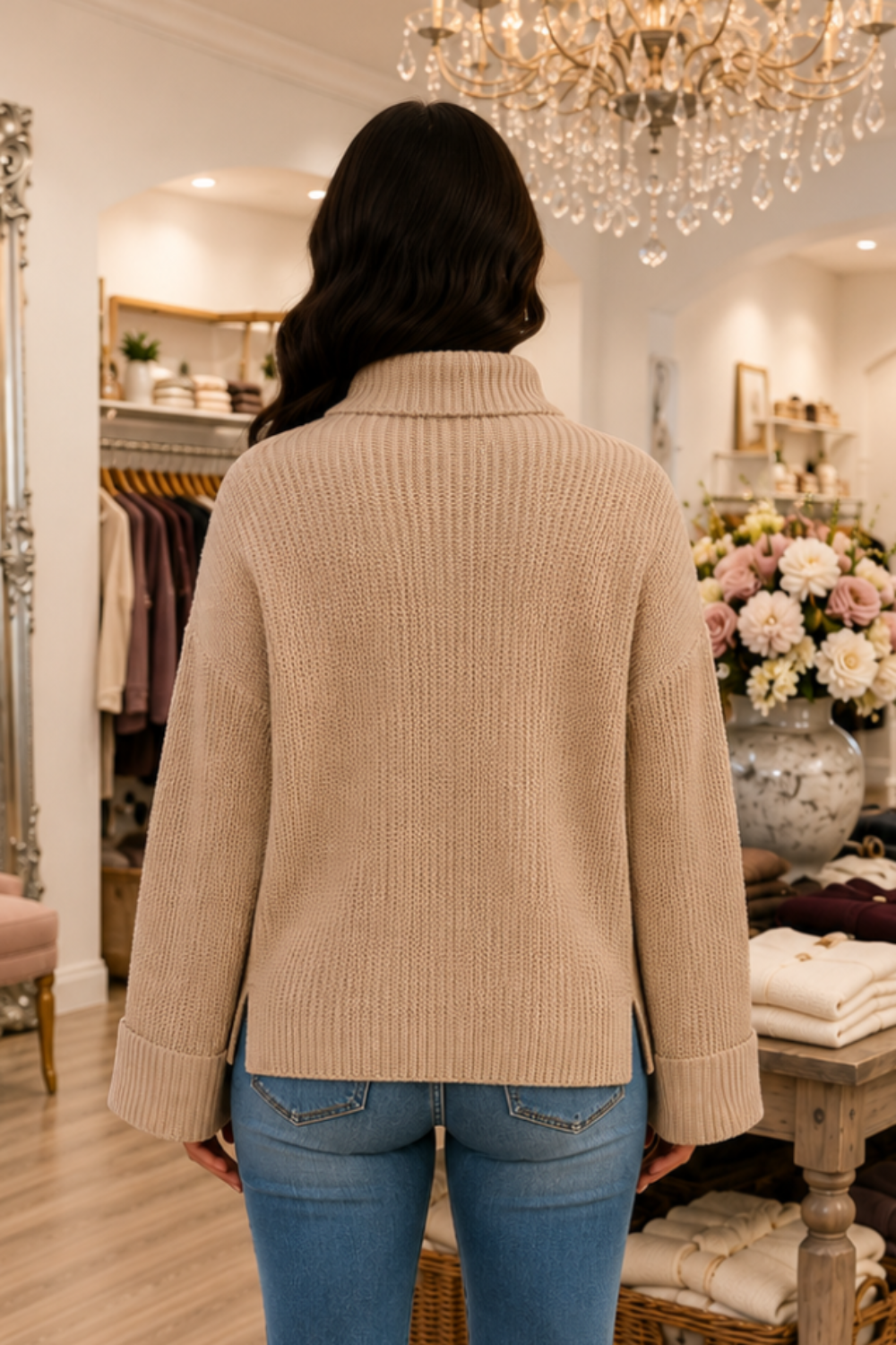 * Sweater
* Mock neck
* Drop shoulder
* Long sleeve
* Cuffed sleeves
* Ribbed
* Split hem
* Oversized
* Slightly stretchy