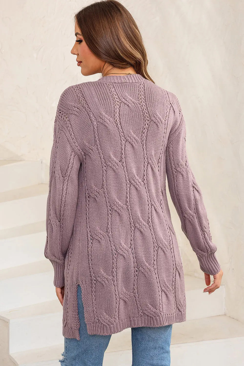 Cardigan, long sleeve, drop shoulder, open front, cable-knit, side slit, openwork, no buttons, pocketed, stretchy back view
