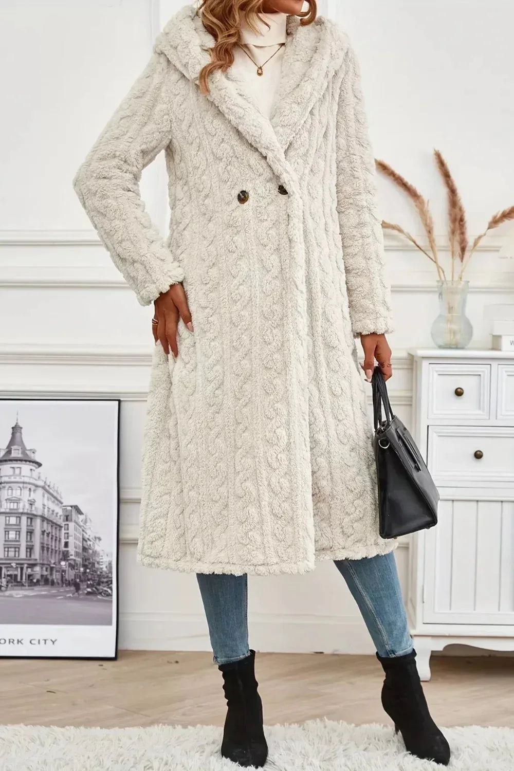 Longline coat, hooded, buttoned, pocketed, thick, lined, oversized, cable-knit design, some stretch, front view