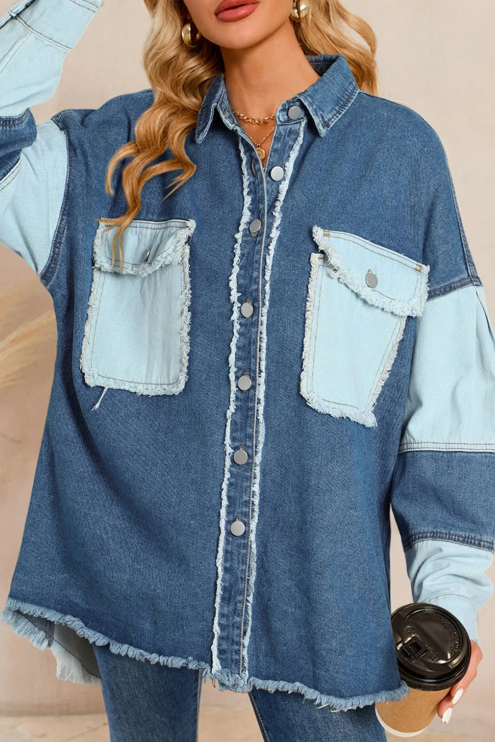 Denim jacket, colorblock, button down, raw hem, pockets, collared, no stretch, exposed seams front view