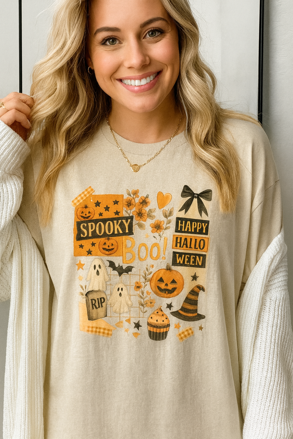 T-shirt, graphic, short sleeve, crew neck, DTF print, Halloween Collage Print, stretchy front view