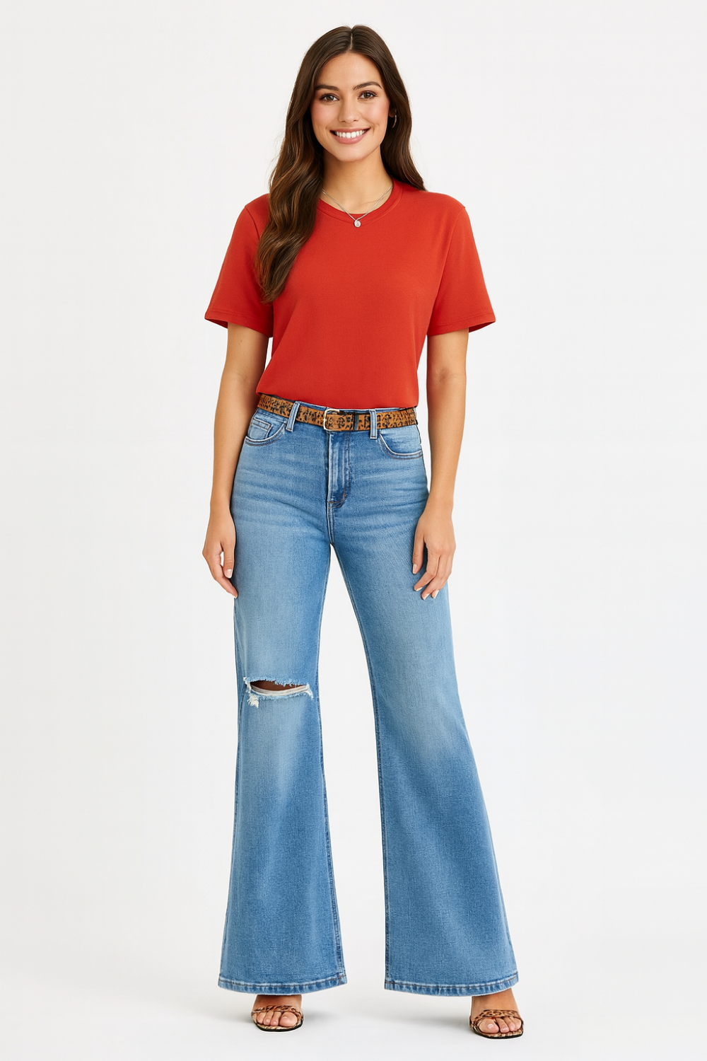 Risen Jeans, full size, high rise, distressed, wide leg, 5-pocket styling, secure button and zipper closure, stretchy, front view