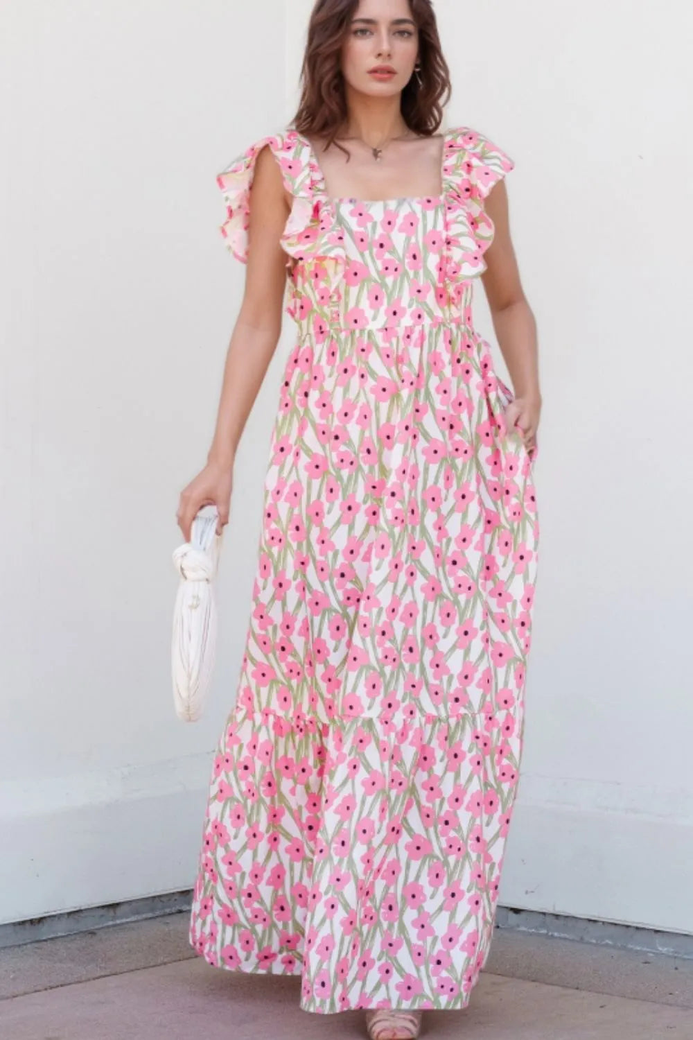 Maxi dress, floral print, sleeveless, ruffled straps, square neck, tiered, opaque, unlined, pocketed, no elasticity front view

