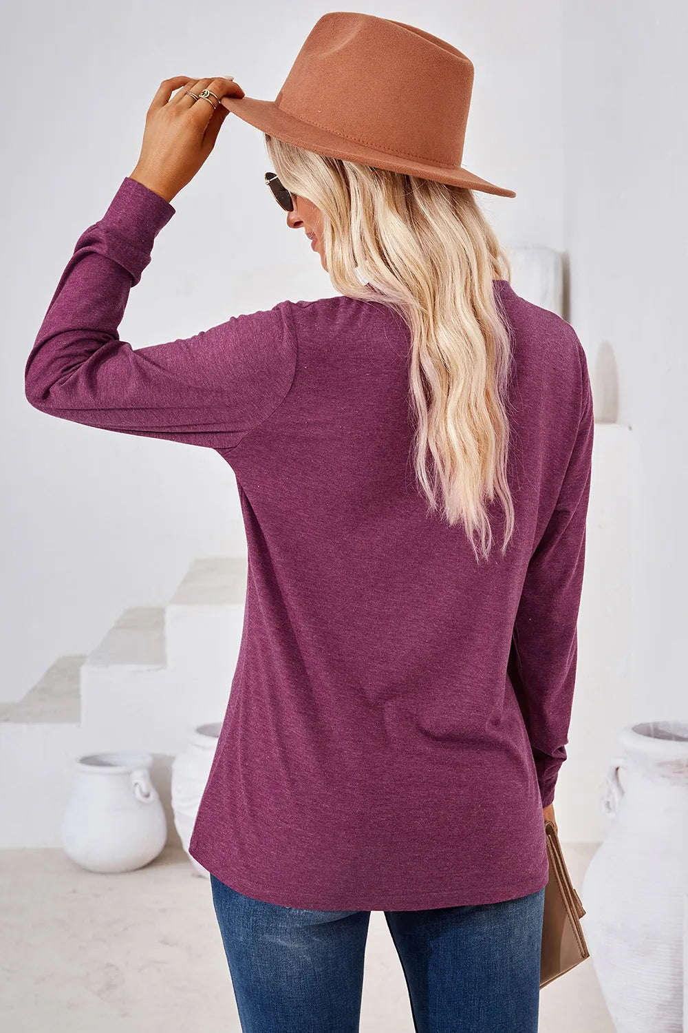 t-shirt, pullover, long sleeve, notch neck, buttoned, opaque, slightly stretchy, back  view