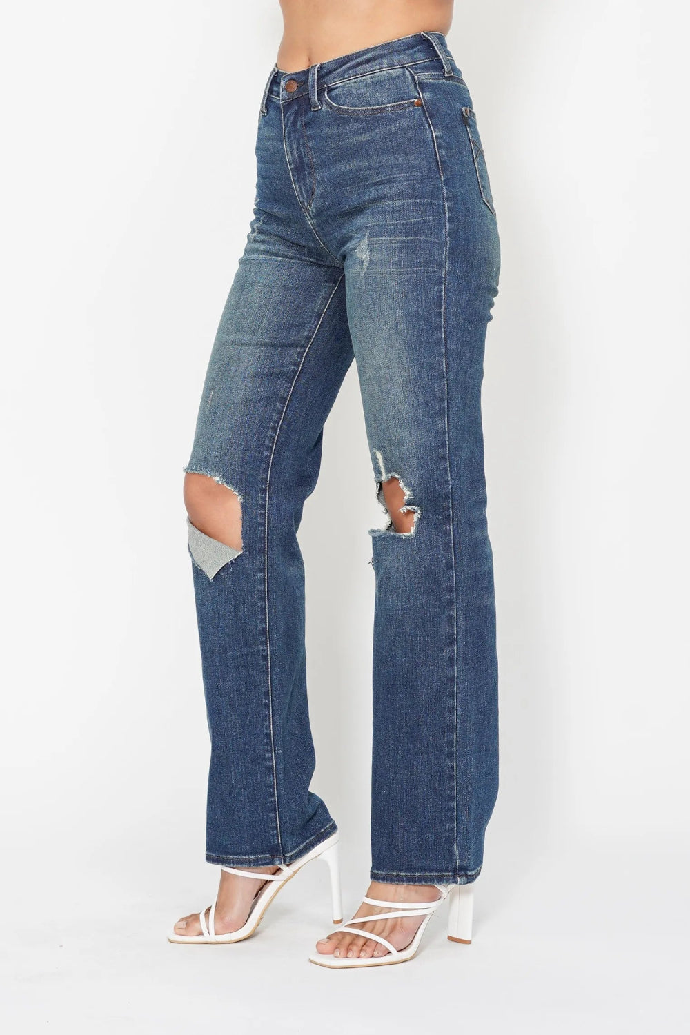 Judy Blue Jeans, full-size, high-rise, ripped knee, pocketed, distressed, straight leg, dad style, slightly stretchy side view