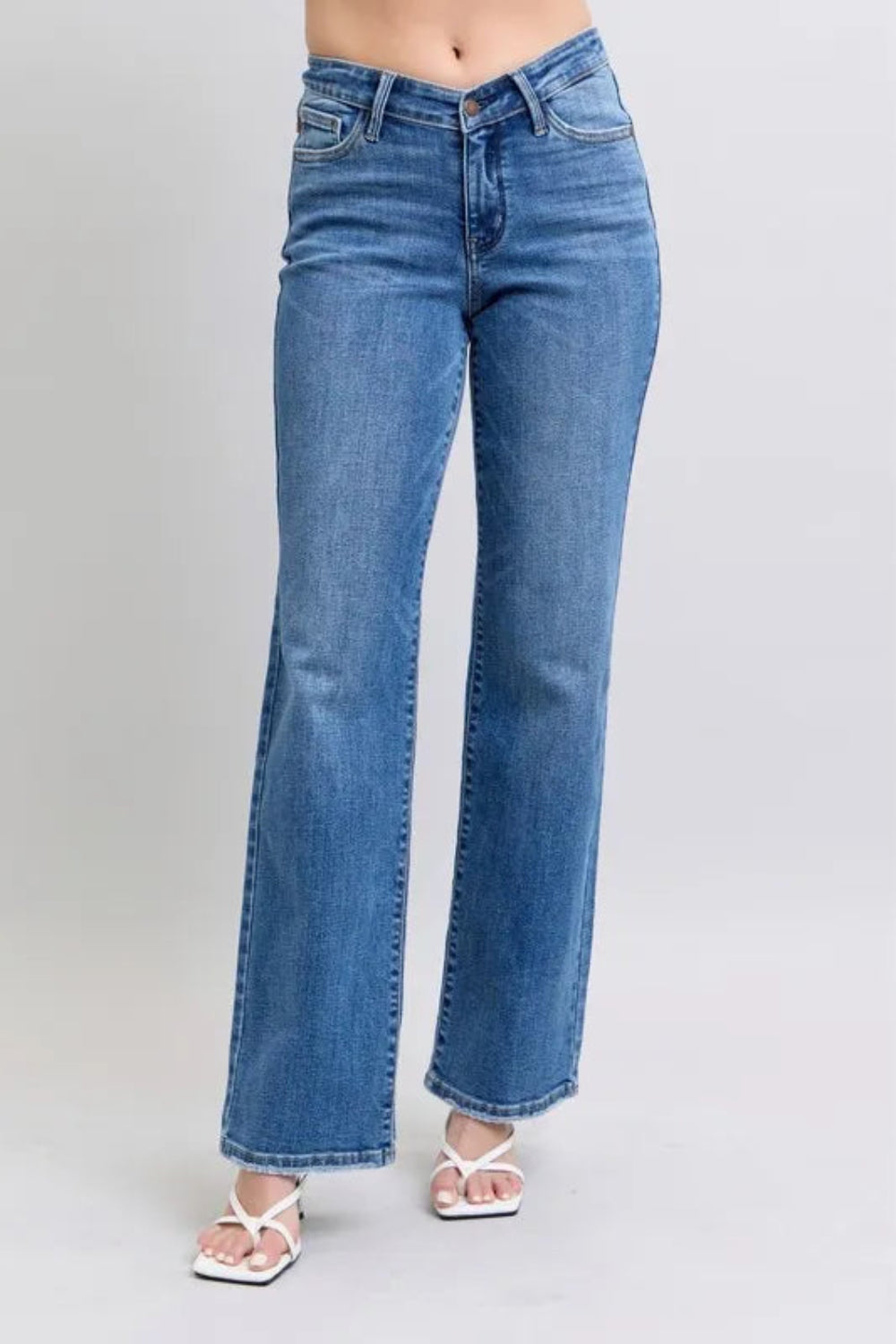 Judy Blue Jeans, full-size, high-rise, 5-pocket design, v-front detail, button-zip closure, straight leg, slightly stretchy, front view