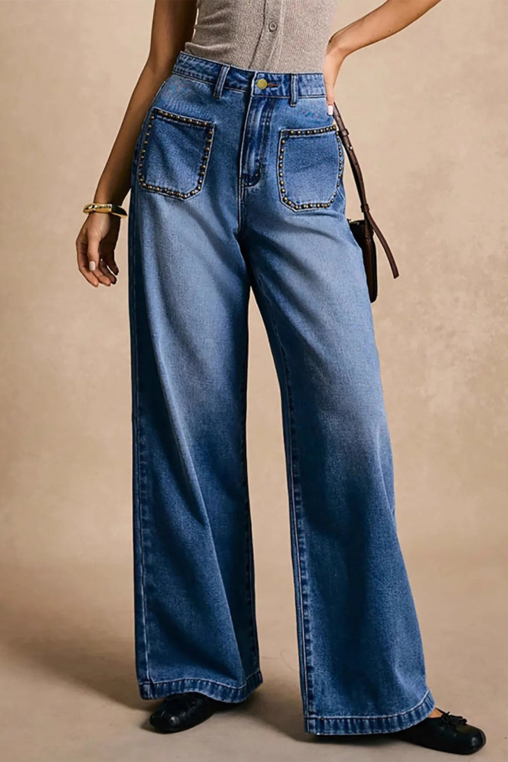 Jeans, high-waist, wide leg, front patch pockets, brads, pocketed, belt loops, button/zipper closure, medium vintage wash, slightly stretchy, front view
