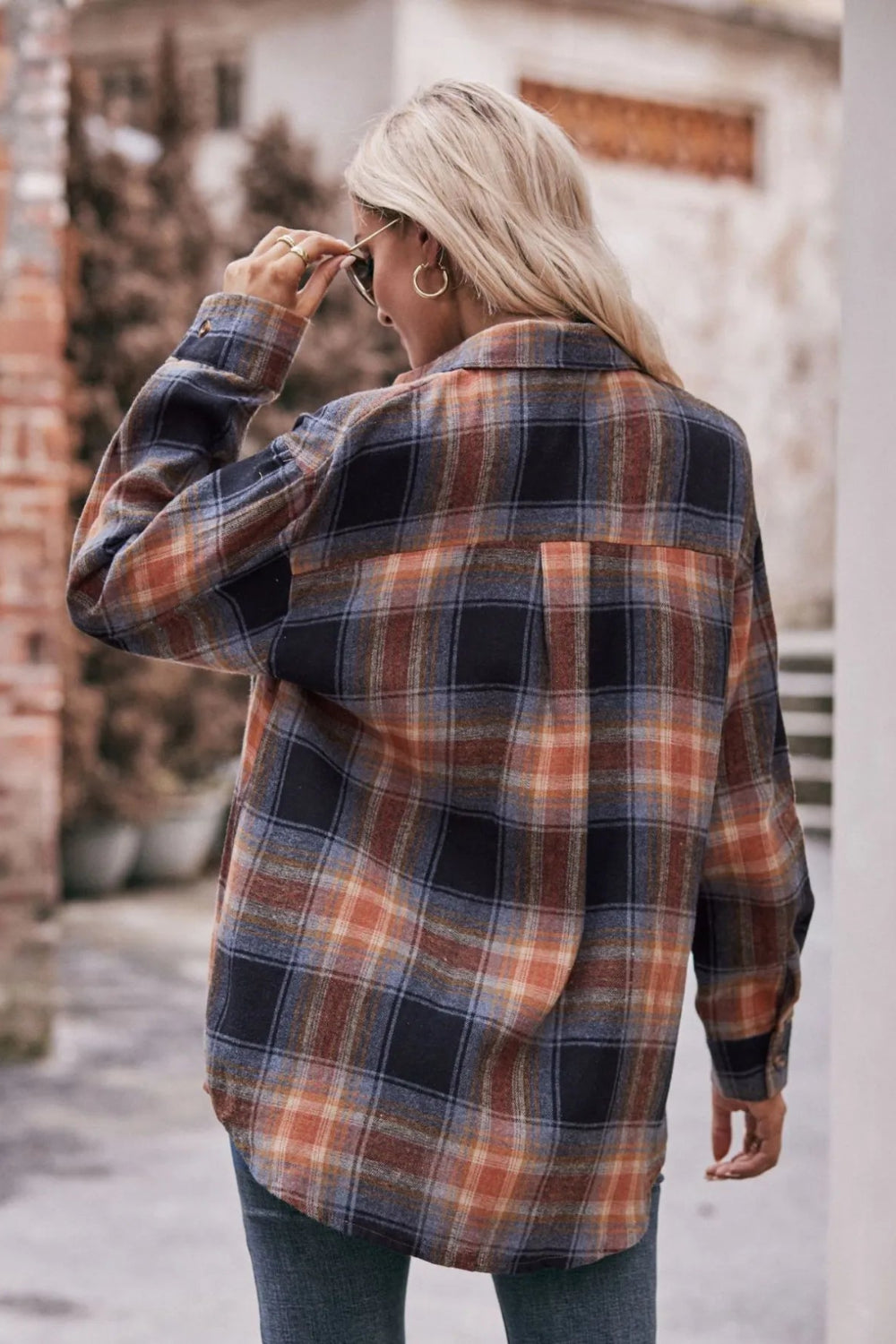 Long sleeve shirt, plaid, collared, pocketed, buttoned, oversized, drop shoulder, no stretch, many colors, back view