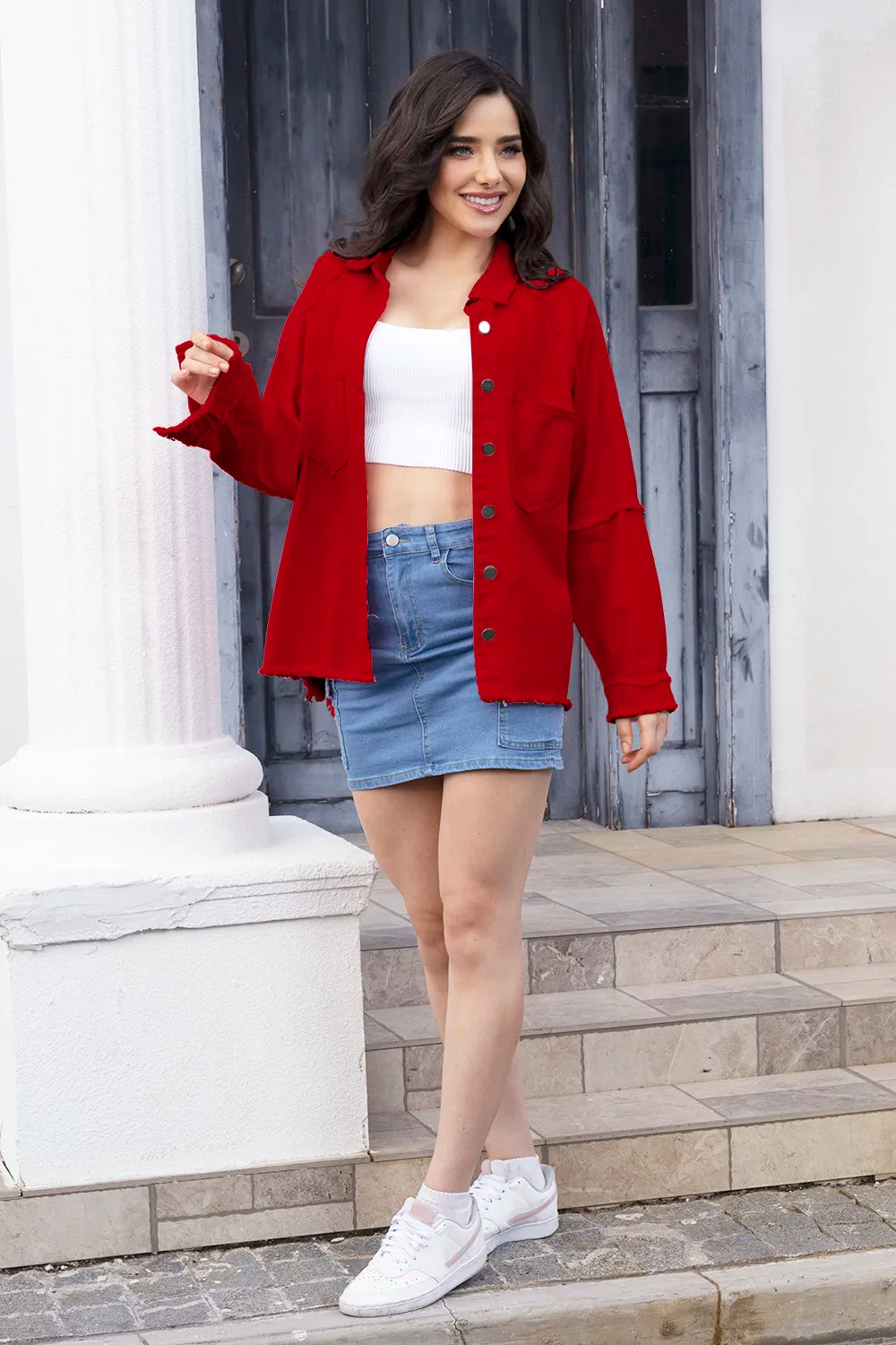denim jacket, high low features, long sleeve, collared, buttoned, front patch pockets, distressed, raw hem, exposed seams, no stretch, multiple colors, side view
