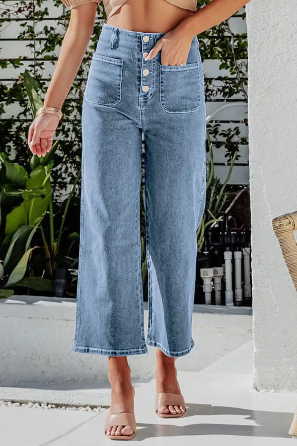 Jeans, high-waist, cropped, wide leg, front patch pockets, hidden back pockets, button fly closure, belt loops, slightly stretchy, front view