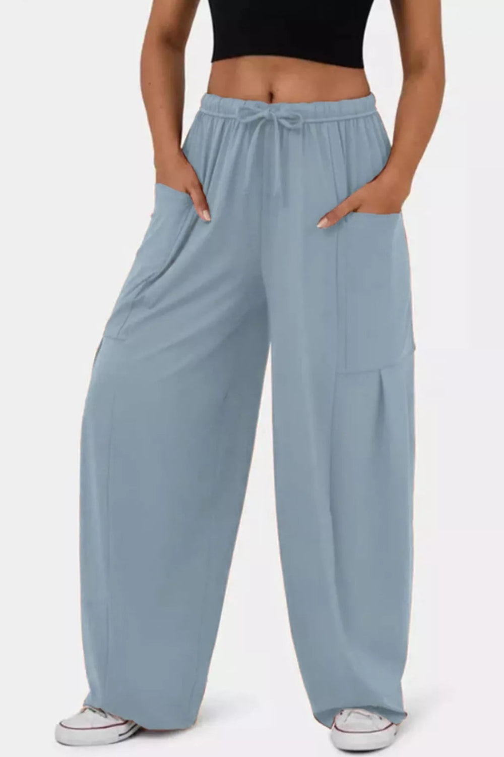 Pants, wide leg, drawstring waist, high-waist, pocketed, pleated at pockets, long, stretchy, front view

