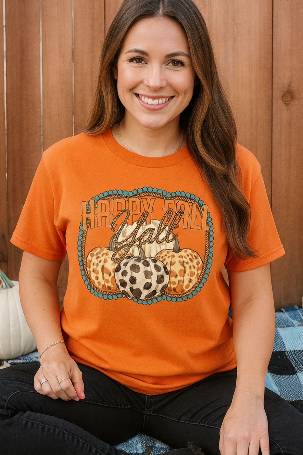 T-shirt, graphic, short sleeve, crew neck,
DTF print, Happy Fall Y'all graphic t-shirt,
stretchy, front view 