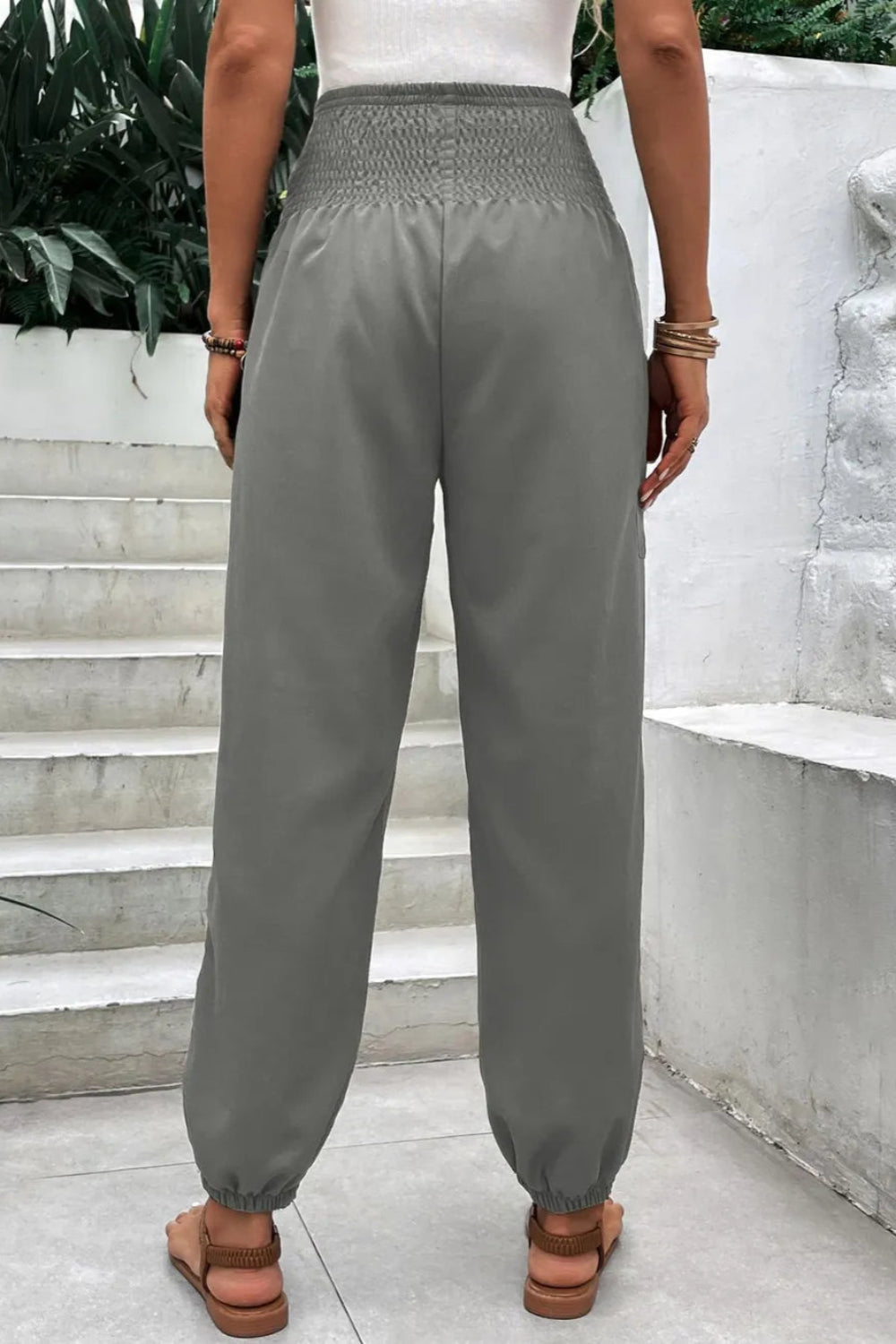 Joggers, high-waist, no drawstring, shirred, pocketed, opaque, slightly stretchy back view
