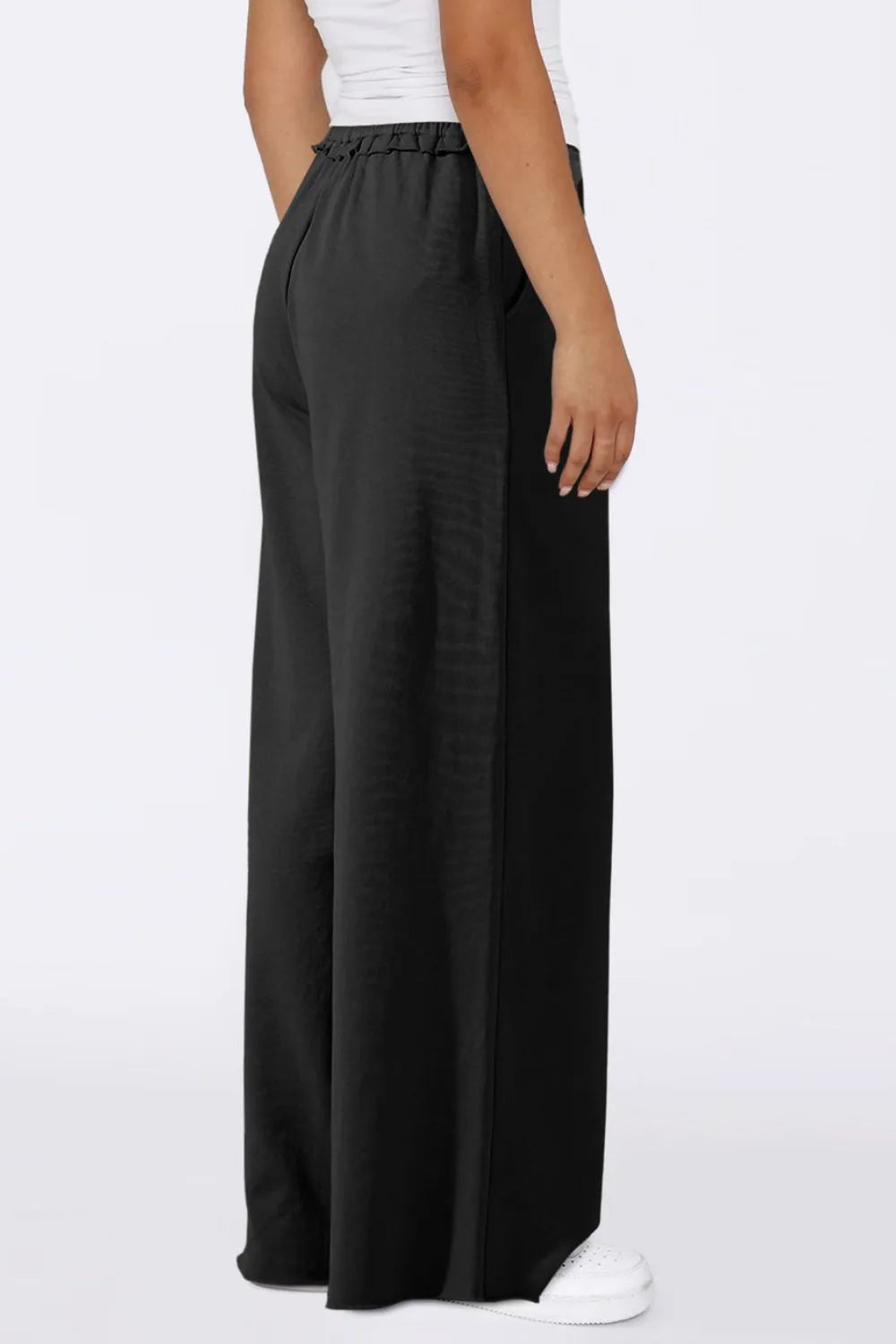 Pants, high waist, drawstring, elastic waist, opaque, frill, wide leg, pocketed, no stretch side view