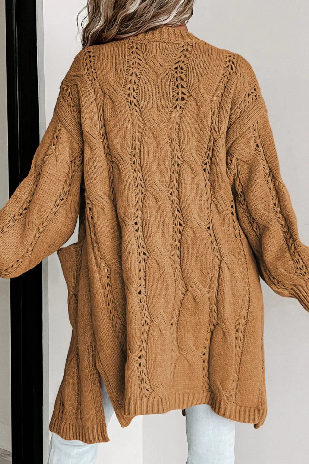 Cardigan, long sleeve, drop shoulder, open front, cable-knit, side slit, openwork, no buttons, pocketed, stretchy back view
