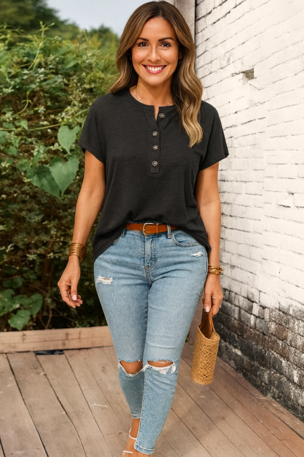 Blouse, short sleeve, pullover, round neck, half buttoned, opaque, no stretch, front view