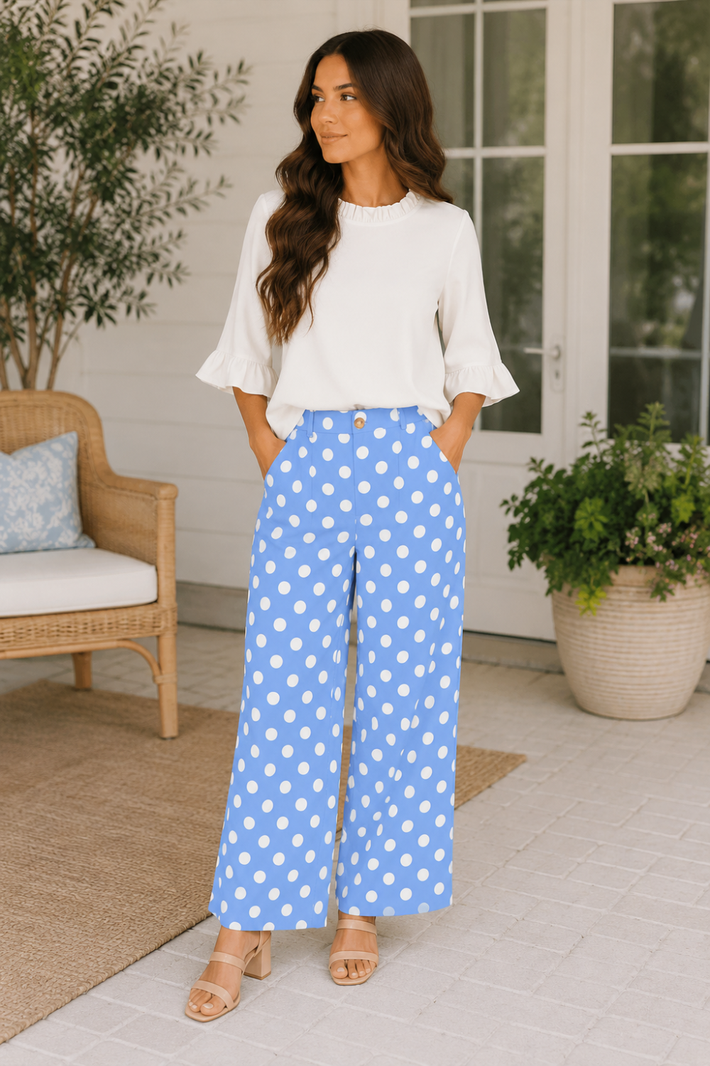* Mid-rise
* Straight leg
* Patch pocket
* Button/zipper closure
* Belt loops
* Polka dot print
* No stretch
