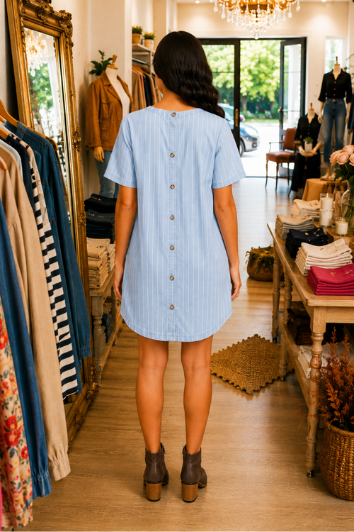 * Mini dress
* Short Sleeve
* Round neck
* Striped
* Rounded hem
* Buttoned back closure
* Pocketed
* Noi stretch