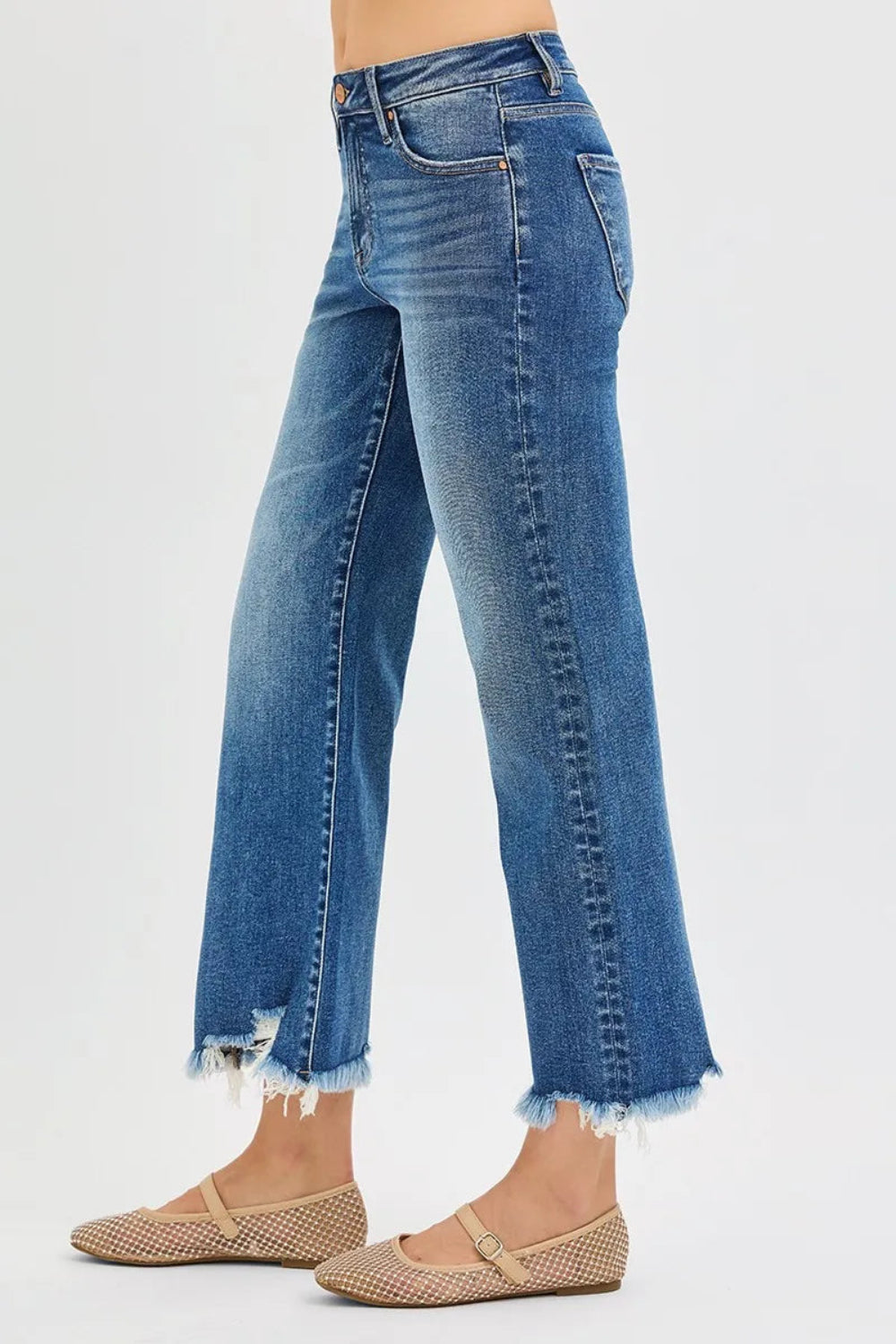 Risen Jeans, full size, mid rise, cropped, wide leg, 5-pocket styling, secure button and zipper closure, distressed hem, medium vintage wash, stretchy, side view