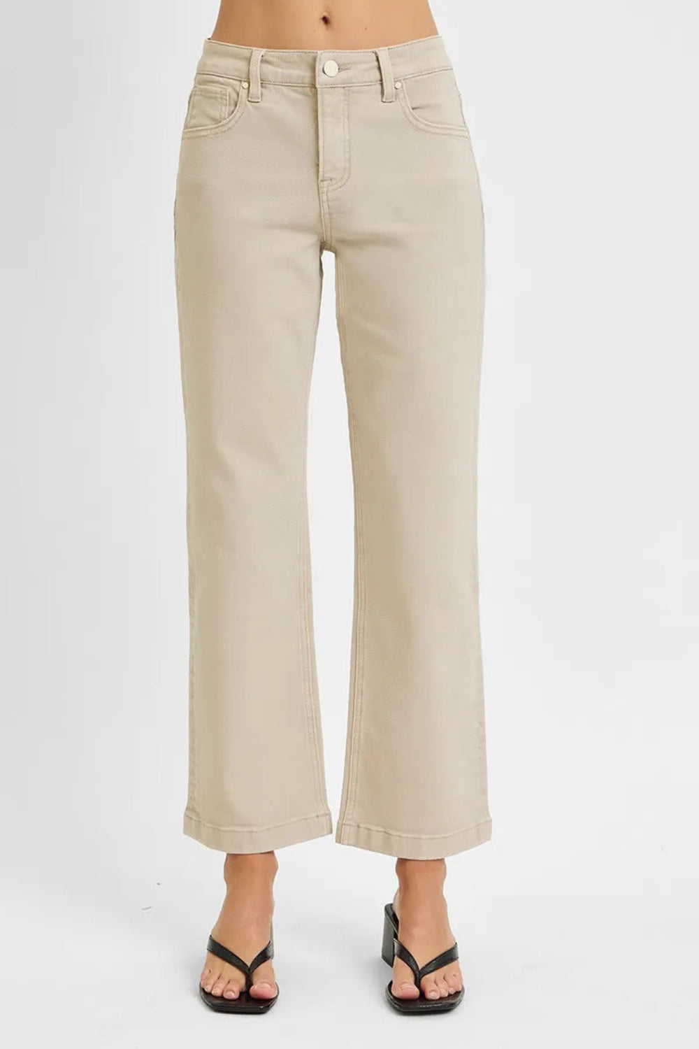 Risen jeans, full-size mid-rise, tummy control, 5-pocket detail, button-zipper closure, belt looped, straight leg, ankle length, slightly stretchy, front view