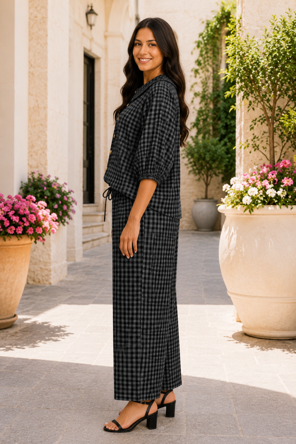  Two-piece pant set
* Gingham print
* Peter Pan collar
* Button down
* Half puff sleeves
* Elastic drawstring waist
* Pocketed
* Slightly stretchy