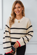 Sweater, pullover, round neck, ribbed knit, drop shoulder, long sleeve, contrast trim, slightly stretchy, front view
