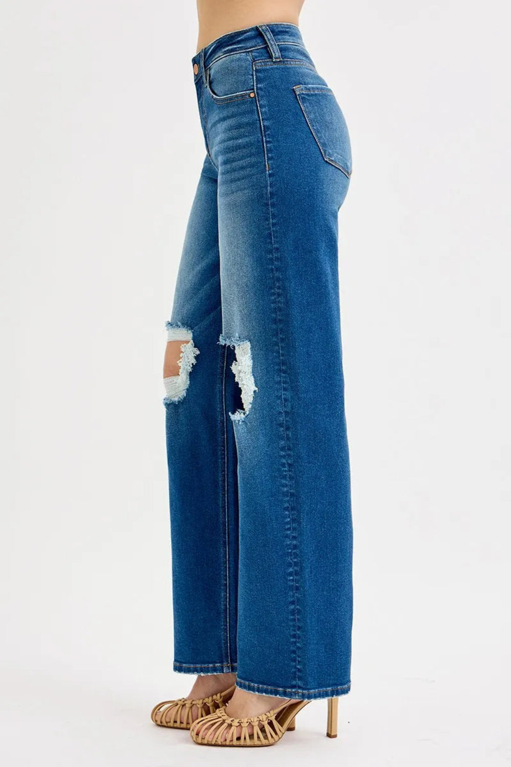 Risen Jeans, full-size, mid-waist, pocketed, distressed knee, raw hem, medium wash, boyfriend fit, straight leg, stretchy side view