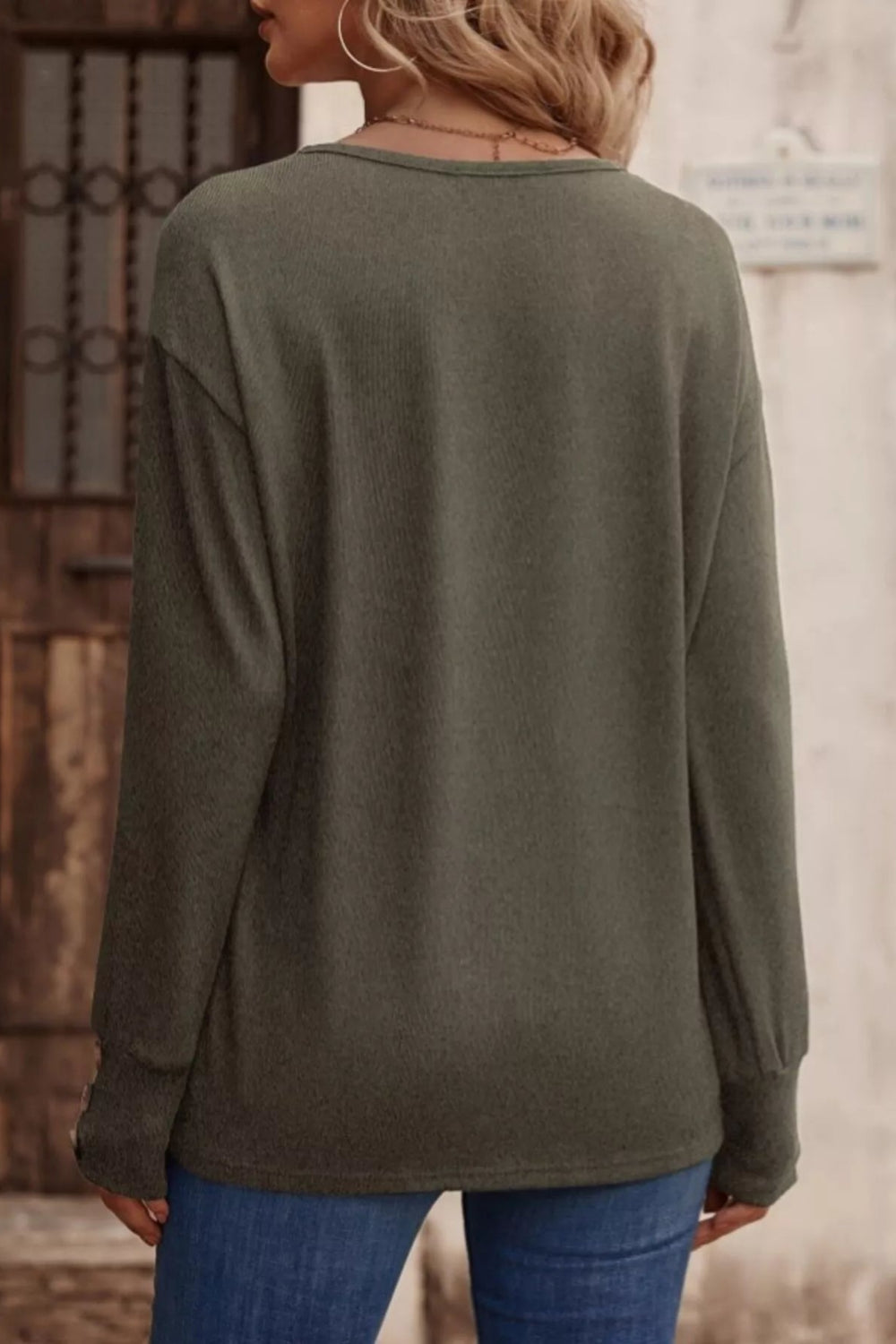 top, long sleeve, drop shoulder, v-neck, pullover, decorative buttons, straight hem, comes in many colors, stretchy, back view