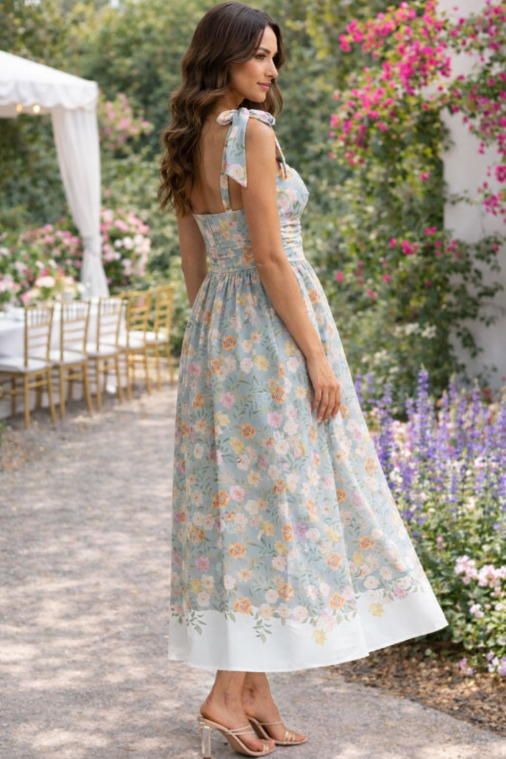 * Midi dress
* Square neck
* Tied straps
* Ruched
* Pleated
* Unlined
* Back zipper
* No stretch