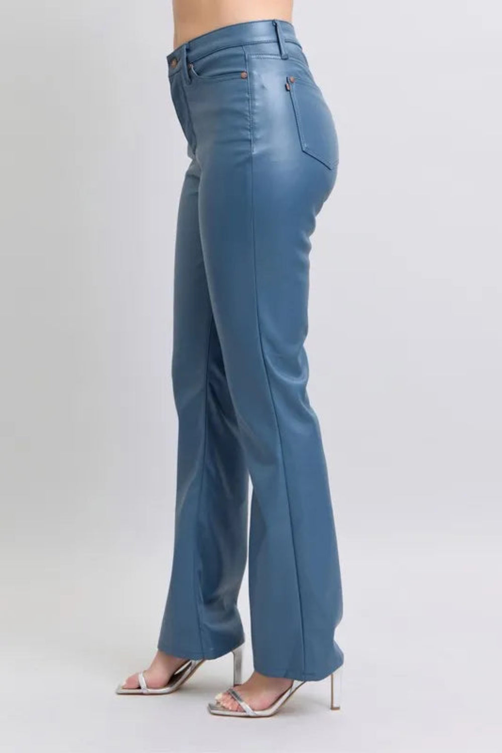 Judy Blue Pants, full-size, high-rise, tummy control, faux leather, straight leg, pocketed, brad detail, some stretch side view