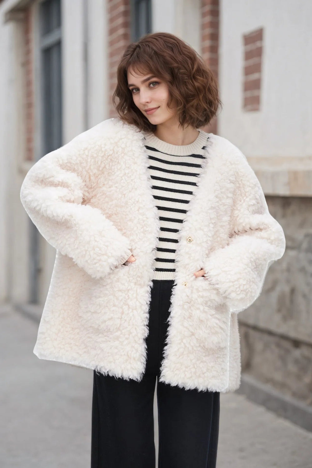 jacket, unlined, fleece, oversized, buttoned, pocketed, thick, no collar, no stretch, front view