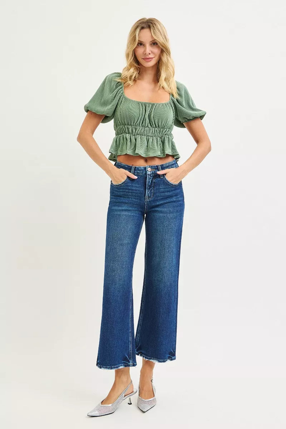 Risen Jeans, high-rise, tummy control, 4-way stretch, cropped, raw hem, wide leg, belt loops, pocketed, button/zipper closure, dark wash, slightly stretchy, front view