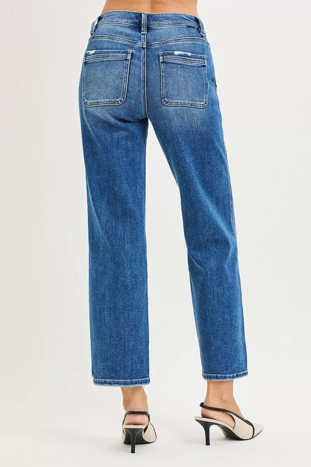Risen Jeans, high-rise, distressed, raw hem, straight leg, ankle length, pocketed, belt loops, button/zipper closure, dark wash, slightly stretchy, back view