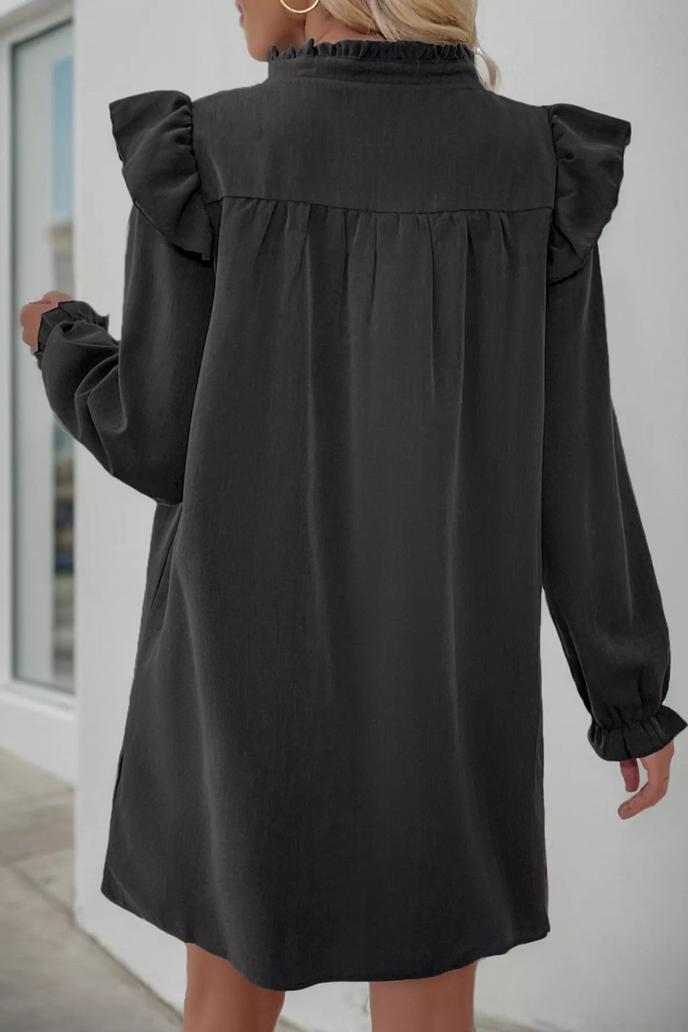 Mini dress, long sleeve, ruffled, v-neck, baby doll design, pullover, unlined, side slit, no stretch, back view
