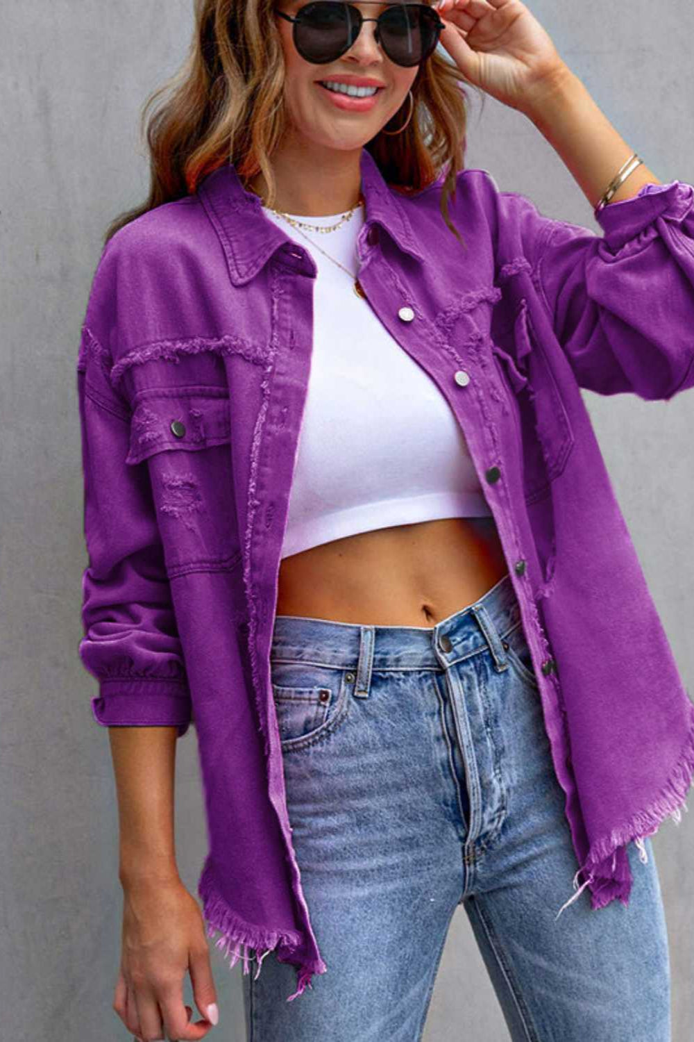 denim jacket, long sleeve, collared, buttoned, buttoned front patch pockets, distressed, fringed/raw hem, no stretch, multiple colors, front view
