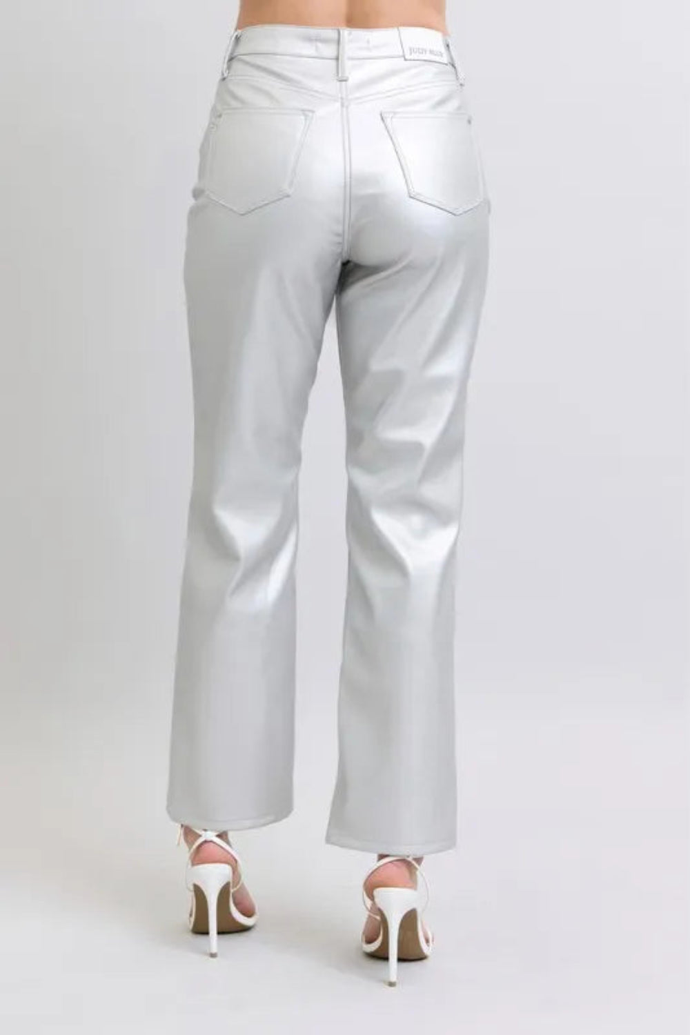Judy Blue Pants, full-size, high-rise, tummy control, faux leather, straight leg, pocketed, brad detail, some stretch back view