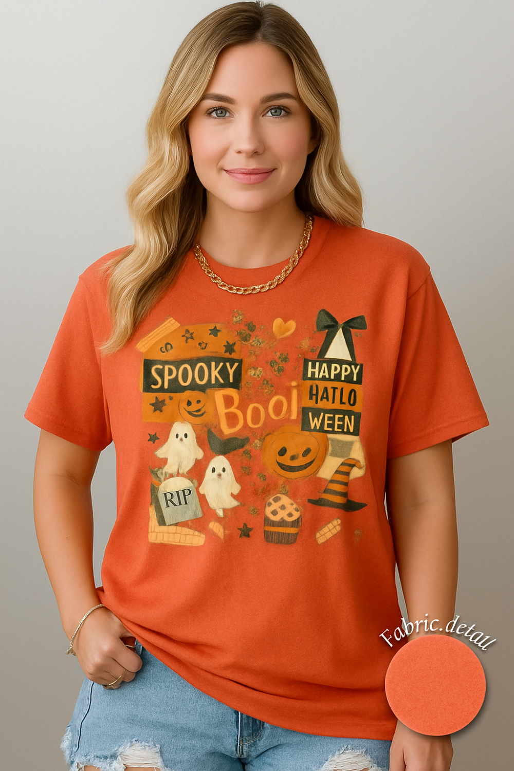 T-shirt, graphic, short sleeve, crew neck, DTF print, Halloween Collage Print, stretchy front view